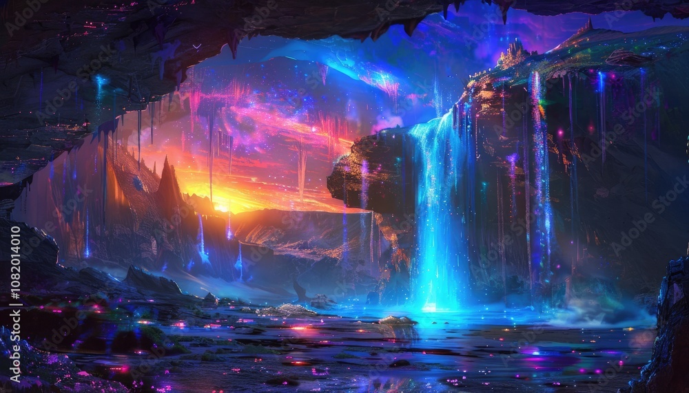 A Mystical Cave Landscape with a Waterfall and Vibrant Colors A Mystical Cave Landscape with a Waterfall and Vibrant Colors