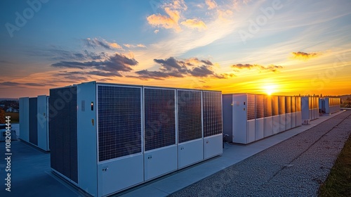 Grid-scale energy storage facility with innovative battery systems high-capacity energy storage units, digital displays, sustainable energy solutions in action