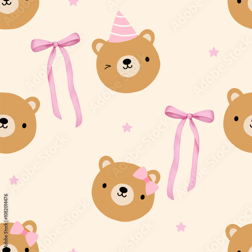Seamless pattern with hand drawn cute teddy bear with pink ribbon bow for children textile, nursery decoration, gift wrap paper, kids bedding, baby's shirt. Vector illustration