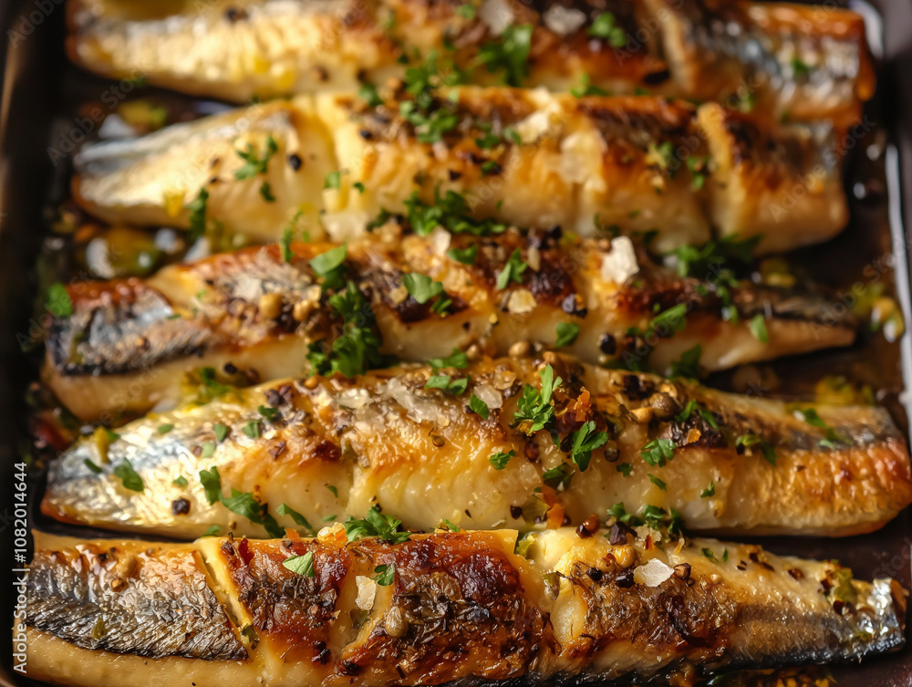 Grilled fish filets with a savory mood garnished with herbs and spices in a baking dish Grilled fish filets with a savory mood garnished with herbs and spices in a baking dish