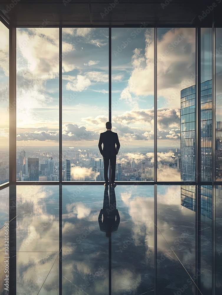Fototapeta premium Thoughtful Business Leader Overlooking Serene City Skyline from Corner Office