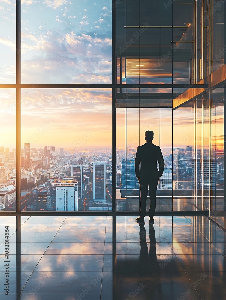 Fototapeta premium Businessman Reflecting on Strategic Decisions in Serene Corner Office with Panoramic City View