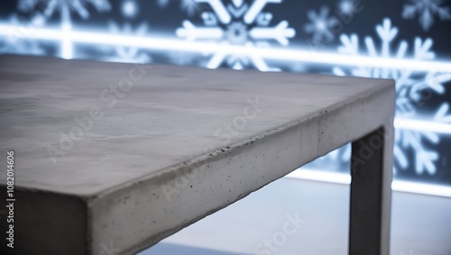 table stands empty against a blurred winter holiday backdrop