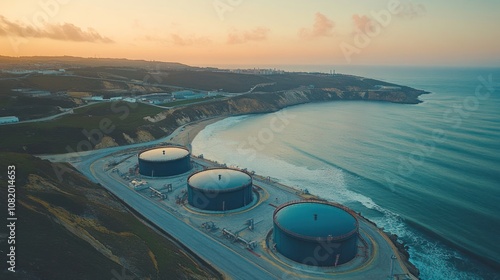 Hydrogen storage tanks in a renewable energy plant advanced industrial design, high-tech infrastructure, clean energy integration, sustainable power solutions photo