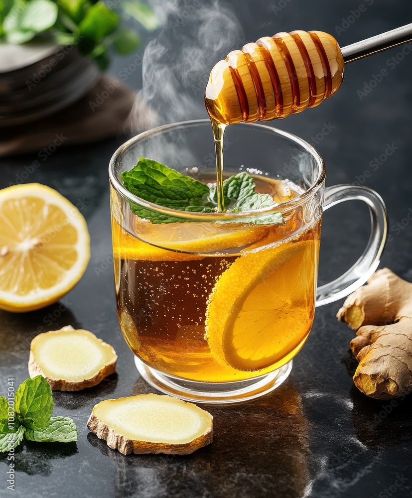 A steaming glass of ginger lemon tea with fresh lemon slices, ginger root and a drop of honey. The dark background and natural elements create a soothing and warming atmosphere, ideal for cold weather A steaming glass of ginger lemon tea with fresh lemon slices, ginger root and a drop of honey. The dark background and natural elements create a soothing and warming atmosphere, ideal for cold weather
