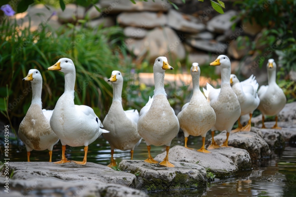 Ducks In A Pond. Fowl Standing Outdoors in Natural Park during Summer Ducks In A Pond. Fowl Standing Outdoors in Natural Park during Summer