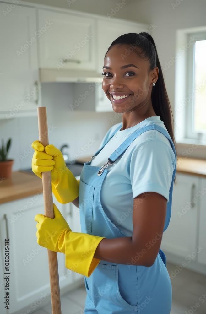 Smiling woman in apron and gloves cleaning kitchen with mop Smiling woman in apron and gloves cleaning kitchen with mop