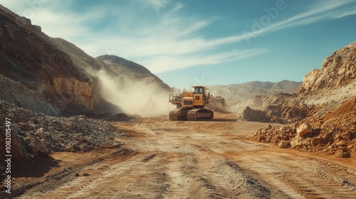 Mining operation for rare earth minerals in remote terrain heavy machinery operating in rugged landscape, dusty environment, large-scale excavation photo