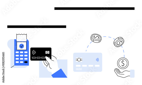 Digital payment terminal processing card transaction. Contactless card and money transfer to hand. Ideal for financial apps, online banking, e-commerce, fintech, mobile payments, cashless society