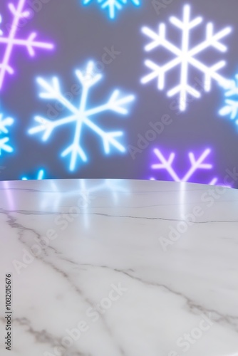 table stands empty against a blurred winter holiday backdrop