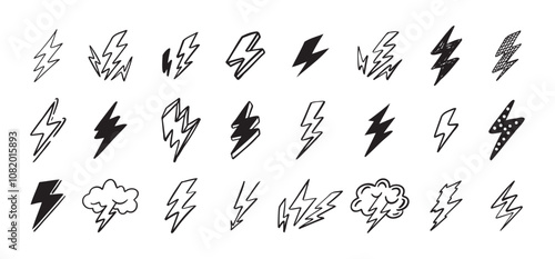 Doodle set lightning line art. Hand drawn lightning icons
