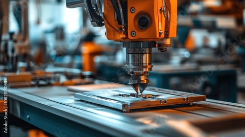 Small-scale manufacturing workshop producing custom products compact machines, close-up of intricate parts being crafted, clean and organized workspace photo