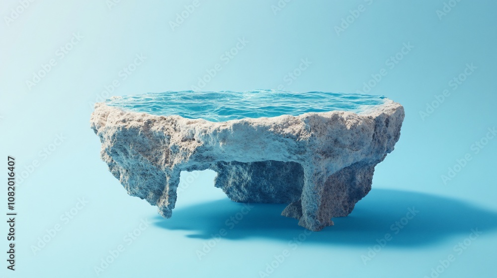 Naklejka premium A small, rocky island with a pool of blue water on top, isolated against a light blue background.