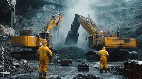 Workers in protective suits extracting rare earth minerals industrial excavation site, heavy machinery, dust, high-tech mining operations