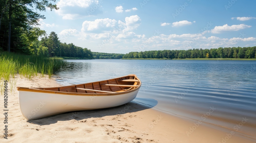 Serene Lakeside Scene with a White Canoe on Soft Sandy Beach Surrounded by Lush Greenery Under a Clear Blue Sky and Fluffy White Clouds Serene Lakeside Scene with a White Canoe on Soft Sandy Beach Surrounded by Lush Greenery Under a Clear Blue Sky and Fluffy White Clouds