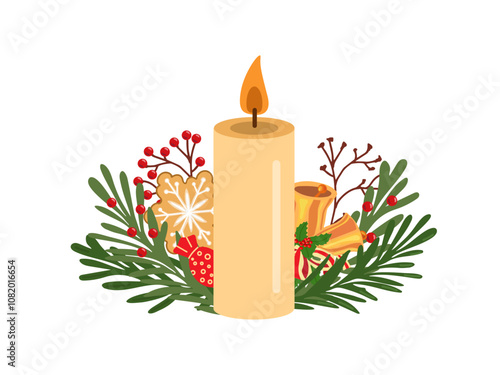 Flat style burning candle decorated with christmas branches with red berries, Christmas bells, candy and ginger biscuit.