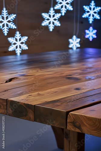 table stands empty against a blurred winter holiday backdrop