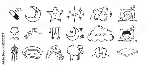 Hand drawn doodle Set of Sleep Related. Sleeping drawing icons