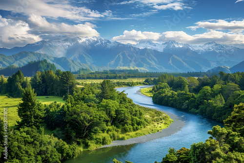 Majestic Panorama of Picturesque New Zealand's Natural Wonders: Alpine Peaks, Tranquil River, Dense Forest, and Lush Green Valleys