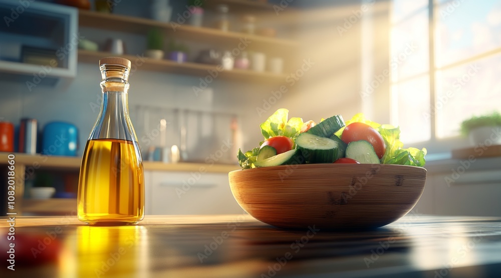 Salad in a Wooden Bowl on a Table with Cucumber, Tomato, Lettuce Leaves, and an Oil Bottle Salad in a Wooden Bowl on a Table with Cucumber, Tomato, Lettuce Leaves, and an Oil Bottle