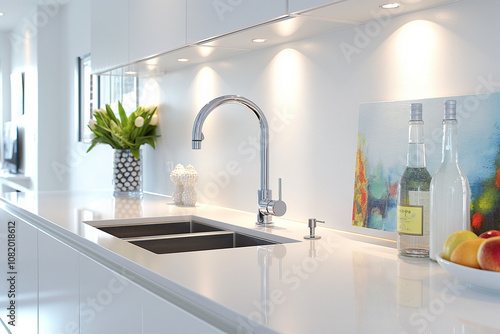 Interior design of a kitchen in a modern house with in potted plants and bottles, decorative painting