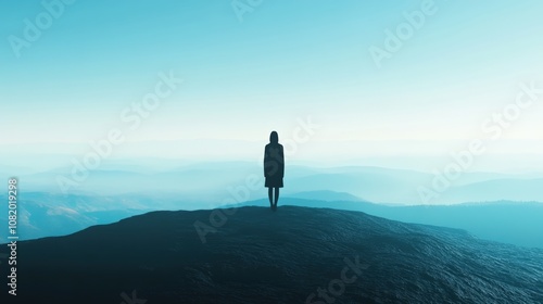 A lonely figure in a hazy minimalist landscape: a conceptual photograph of loneliness and reflection, symbolizing the path, isolation and tranquility