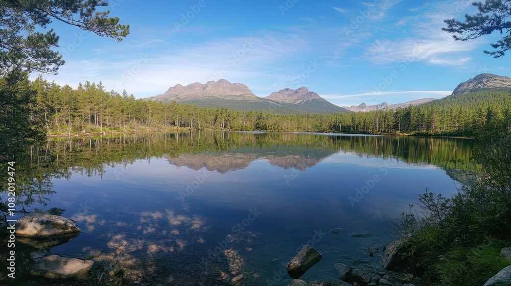 A serene lake surrounded by dense forest, with the reflection of mountains mirrored on the water. A serene lake surrounded by dense forest, with the reflection of mountains mirrored on the water.