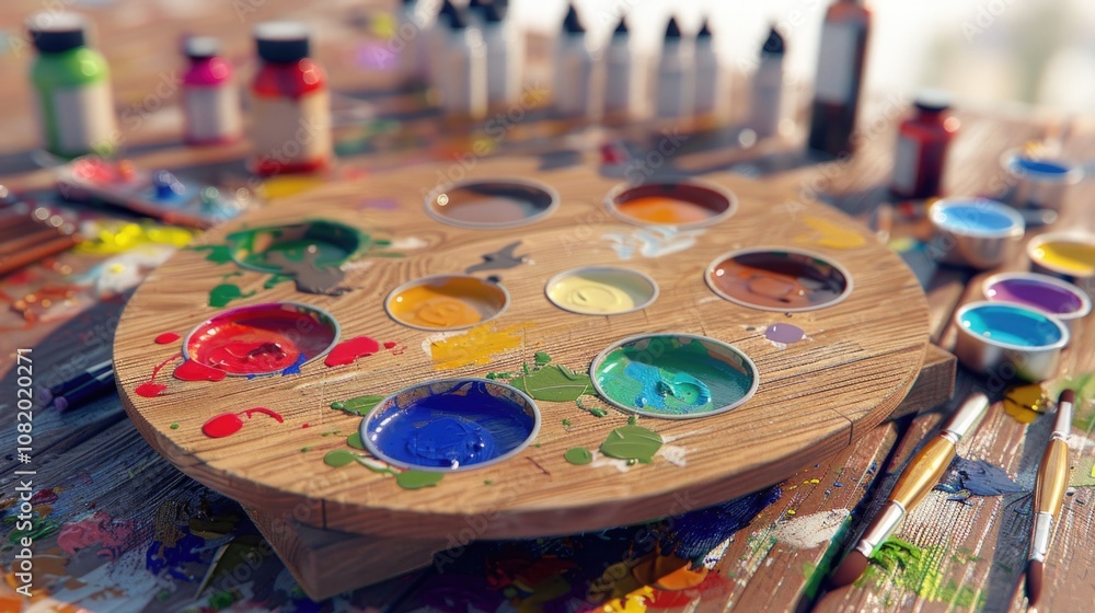 A close-up shot of a paint palette on a table, great for artistic or creative projects A close-up shot of a paint palette on a table, great for artistic or creative projects
