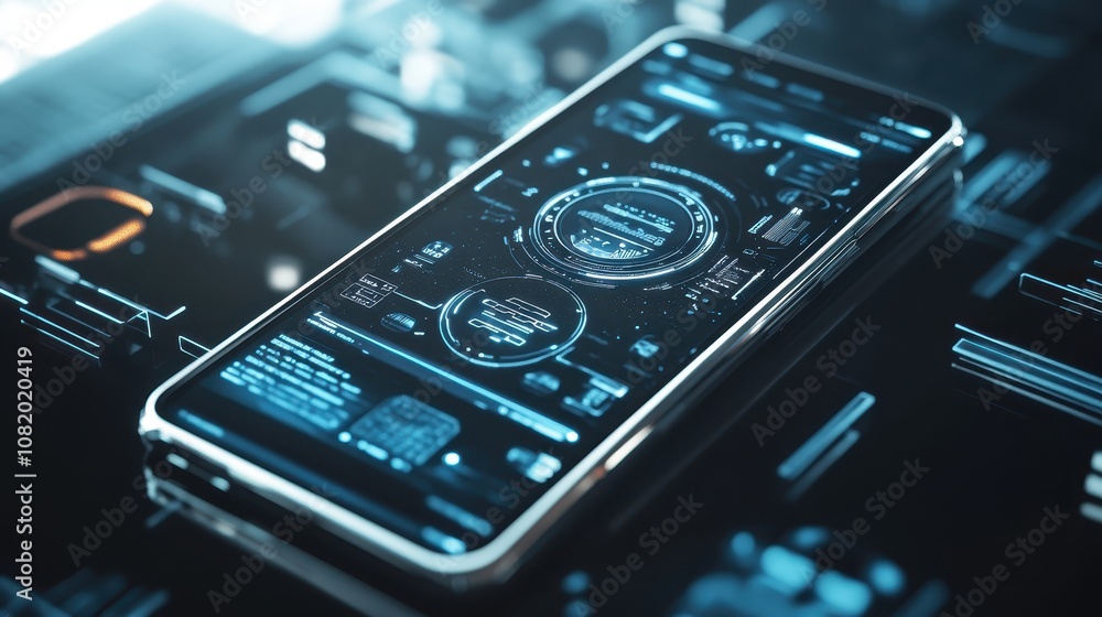 A sleek smartphone screen displaying a futuristic user interface with holographic icons. A sleek smartphone screen displaying a futuristic user interface with holographic icons.