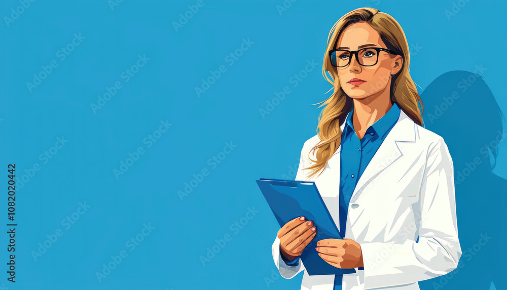 A confident healthcare professional stands against a solid blue background, holding a clipboard, ready to provide assistance and make informed decisions A confident healthcare professional stands against a solid blue background, holding a clipboard, ready to provide assistance and make informed decisions