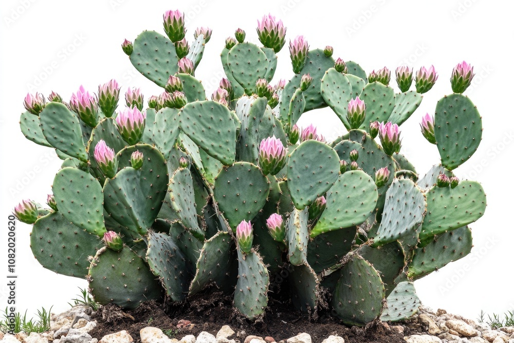 A cactus with bright pink flowers blooming from its spines, in a desert landscape A cactus with bright pink flowers blooming from its spines, in a desert landscape