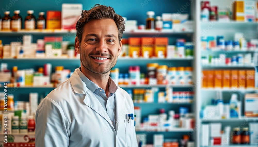 Friendly pharmacist smiling in a well-stocked pharmacy filled with assorted medicine bottles and healthcare products during the day Friendly pharmacist smiling in a well-stocked pharmacy filled with assorted medicine bottles and healthcare products during the day