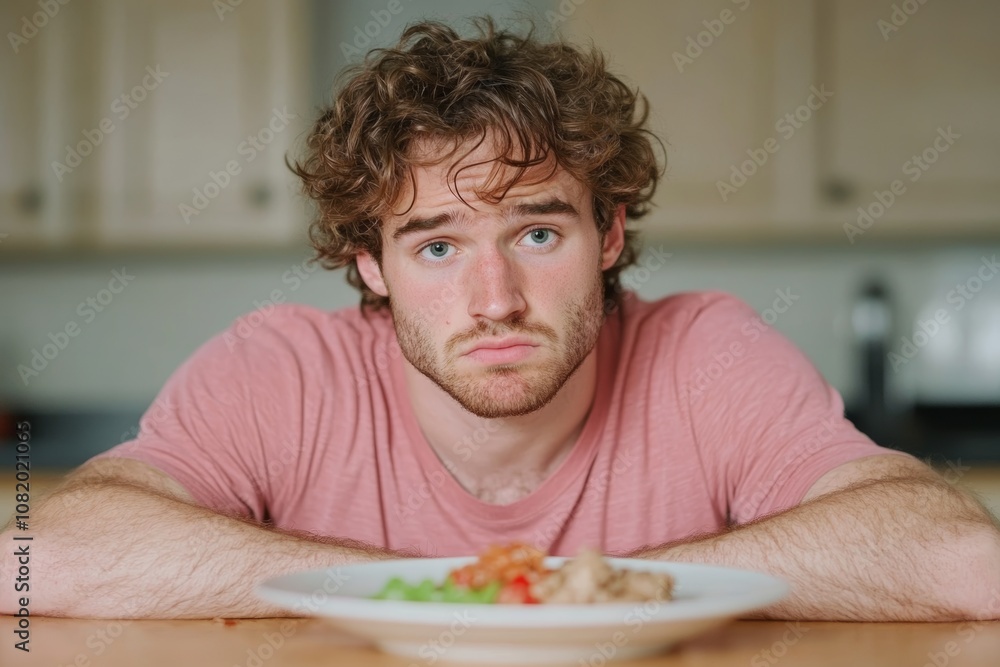 Disappointed Young Man Staring at Unappetizing Meal in Kitchen Setting Disappointed Young Man Staring at Unappetizing Meal in Kitchen Setting