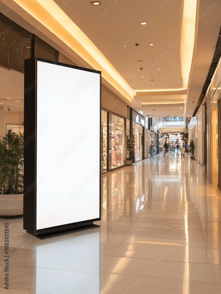 A blank digital display in a chic shopping mall, ideal for advertisements and key information, offering businesses a perfect opportunity to showcase promotions and attract potential customers A blank digital display in a chic shopping mall, ideal for advertisements and key information, offering businesses a perfect opportunity to showcase promotions and attract potential customers
