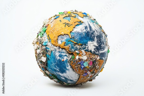 Fototapeta Naklejka Na Ścianę i Meble -  Close-up view of a globe with trash and debris covering its surface, highlighting environmental pollution