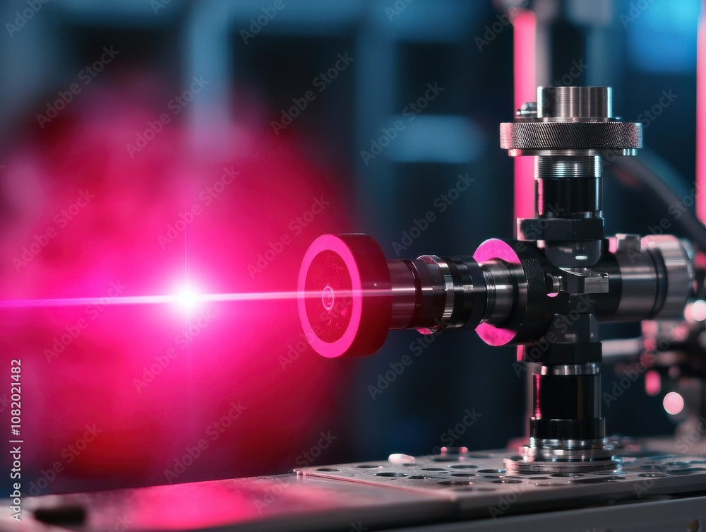 Fototapeta premium Quantum computing of cryptography concept. A laser system emits a vibrant pink beam of light, showcasing advanced technology in a scientific or industrial setting.