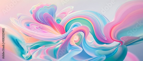 Abstract colorful swirls and waves in pink, blue, and green colors on a light background.