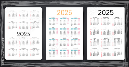 Calendars for 2025 year. Calender template. Grid with 12 months. Yearly calendar layouts in vertical simple design on black background. Desk, pocket or wall organizers in English. Vector illustration.