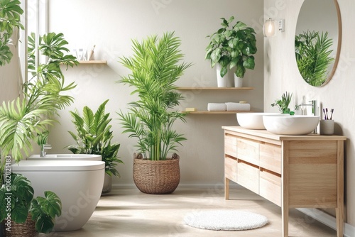 A contemporary bathroom featuring a sink, toilet, and mirror surrounded by potted plants