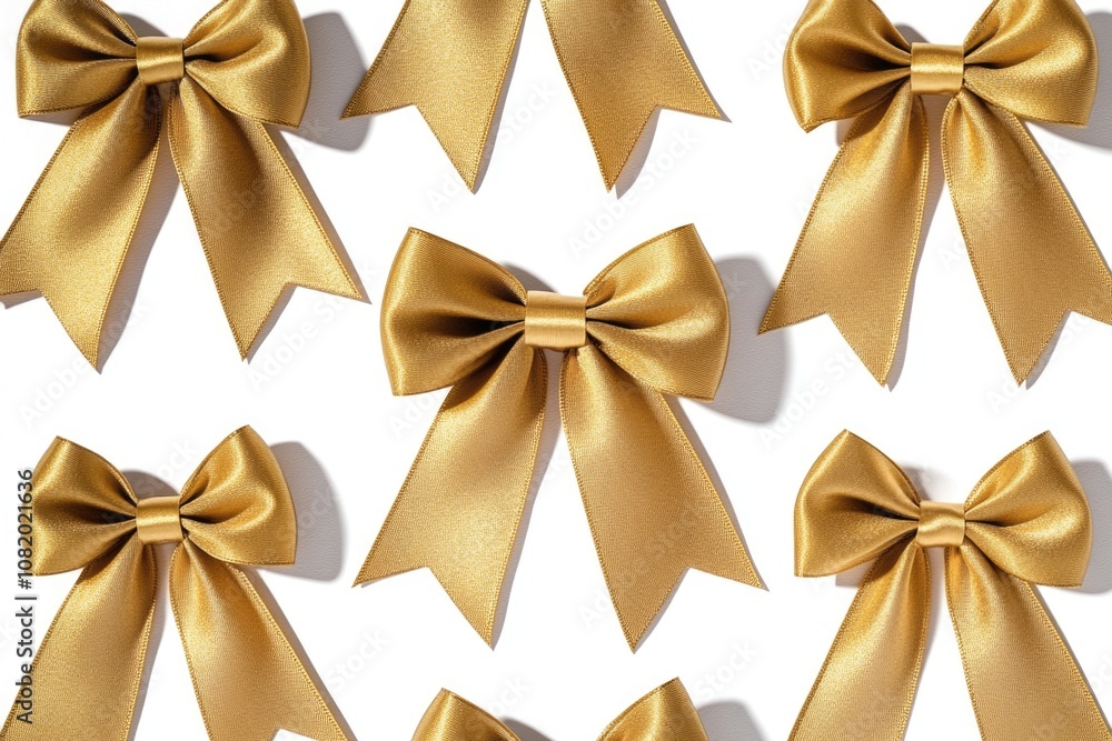 A collection of golden bows arranged on a clean white surface A collection of golden bows arranged on a clean white surface