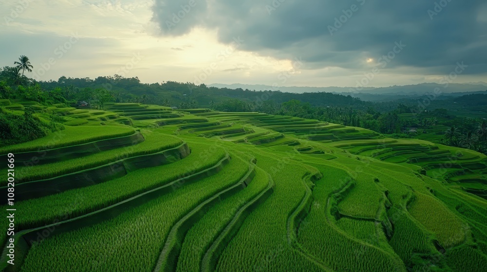 Fototapeta premium A sprawling rice terrace landscape in Asia, with layers of green fields under a cloudy sky.
