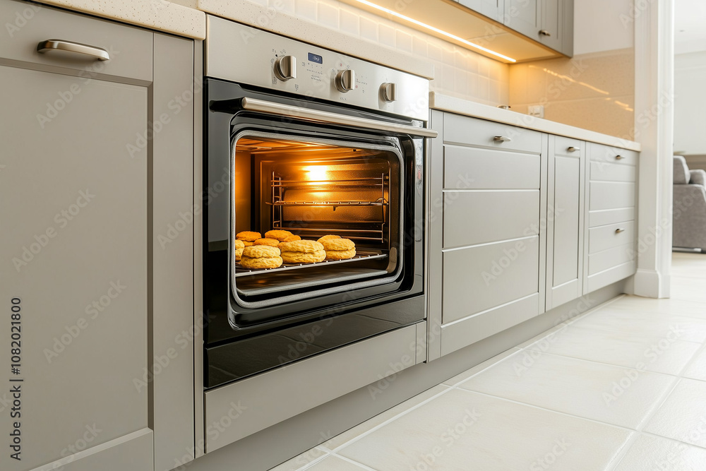 Indoor kitchen oven at work, baking biscuits Indoor kitchen oven at work, baking biscuits