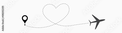 Plane paths. Aircraft tracking, planes, travel, map pins, location pins. Romantic travel, heart dashed line trace and plane routes.
