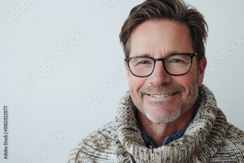 A person sitting with glasses and sweater, good for editorial use photo