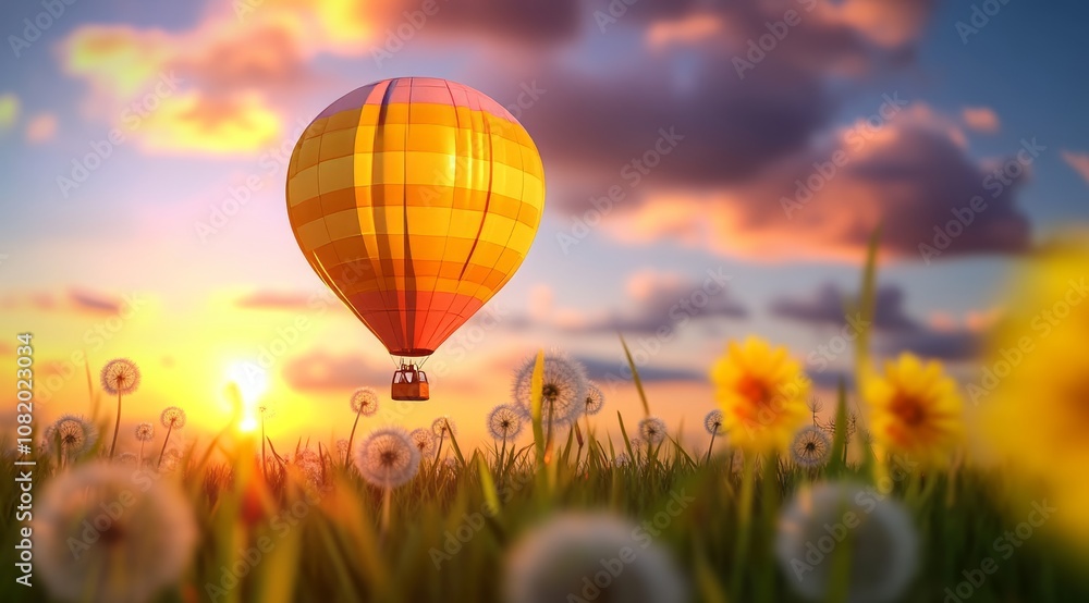 Naklejka premium Hot Air Balloon Floating Above Meadow with Dandelions and Grass at Sunset