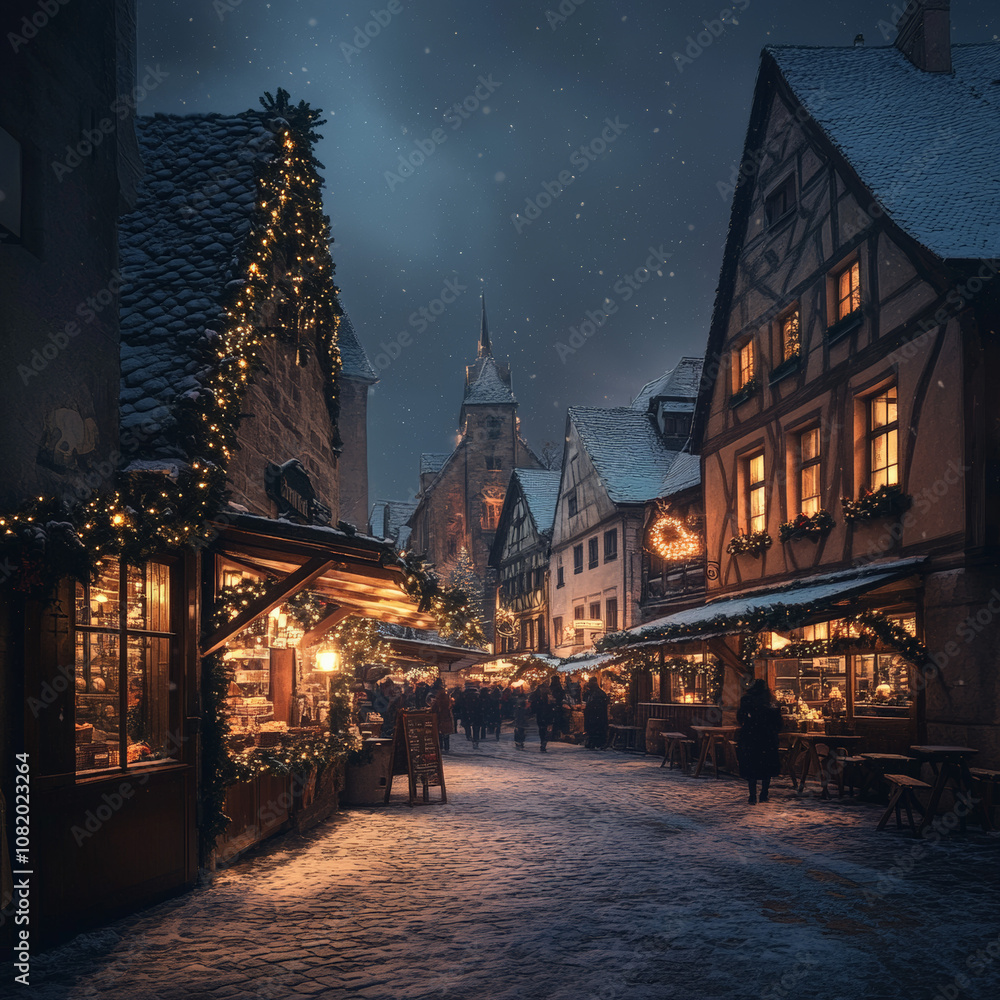 Obraz premium Charming Christmas Illustrations with Featuring Christmas Market At Night