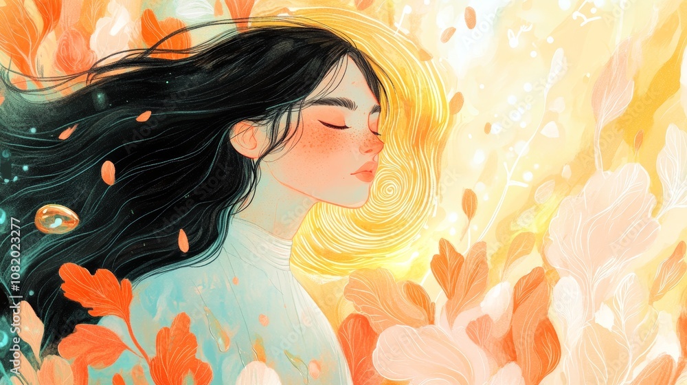A woman with long hair is sitting in a field of flowers A woman with long hair is sitting in a field of flowers