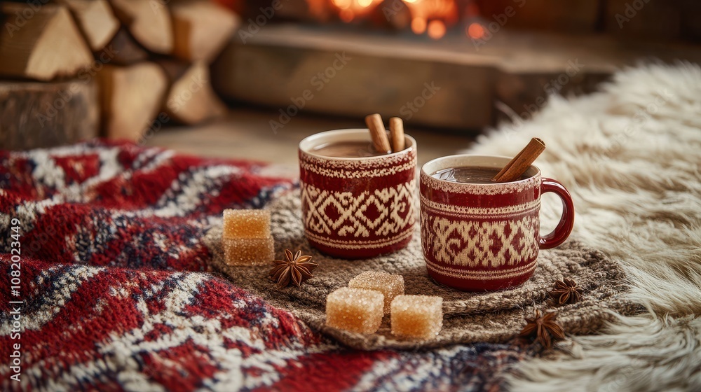Cozy, Warm New Year's Setup with Festive Mugs and Drinks Surrounded by Soft Textiles, Firewood, and a Glowing Fireplace for a Perfect Winter Atmosphere