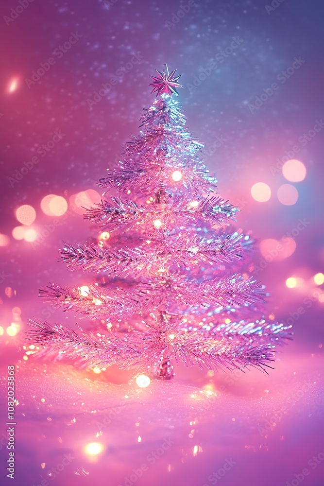 Illuminated pink Christmas tree with shimmering lights