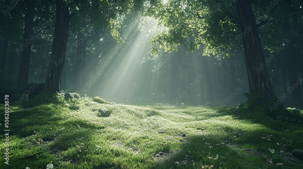 Obraz premium A tranquil forest clearing with sunlight filtering through the trees onto a carpet of moss.